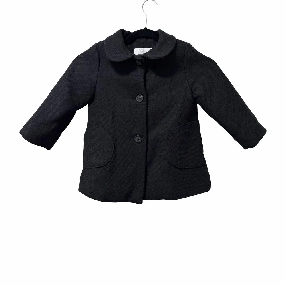ZARA Wool Blend Button Front Pea Coat Girls Size 3/4Y Black Heavyweight Winter